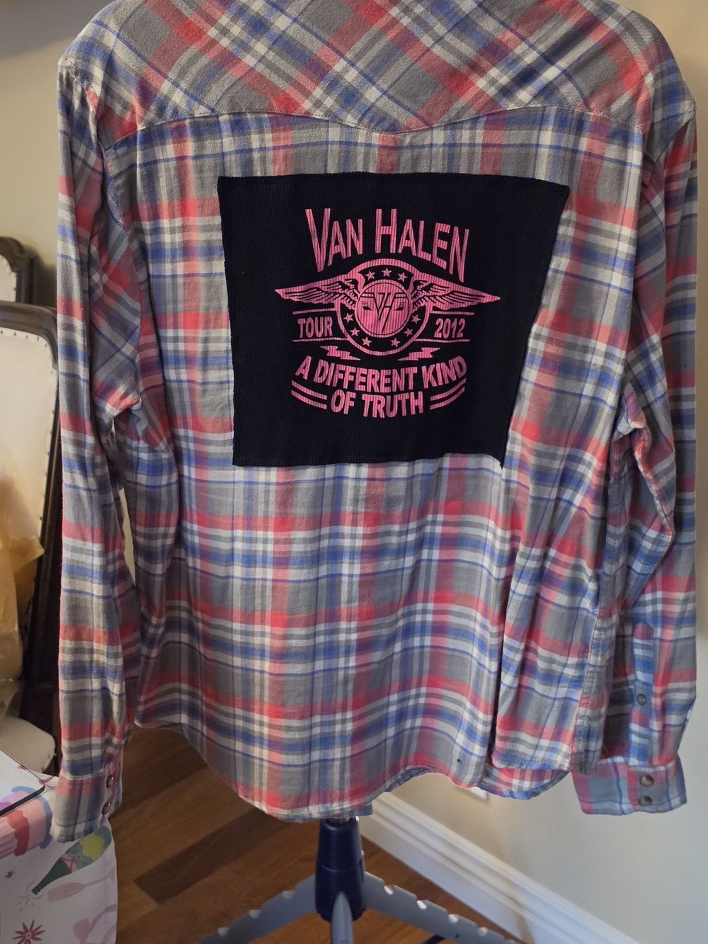 JACHS Girlfriend Pink and Blue Plaid Button-Down with Black Back Patch